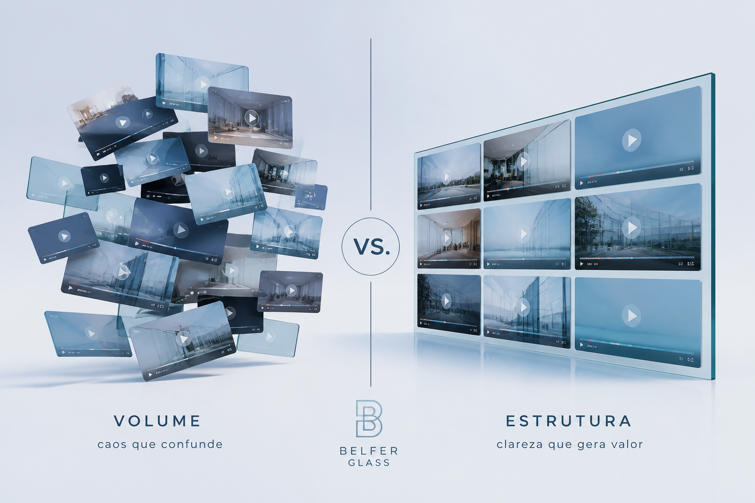 Comparação visual entre volume de conteúdo desorganizado e uma grade de vídeos estruturada por etapas