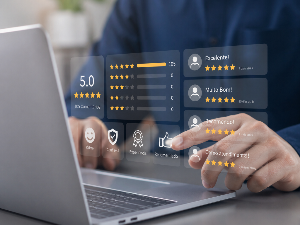 Tela de avaliações com notas 5 estrelas e comentários positivos, representando confiança da audiência
