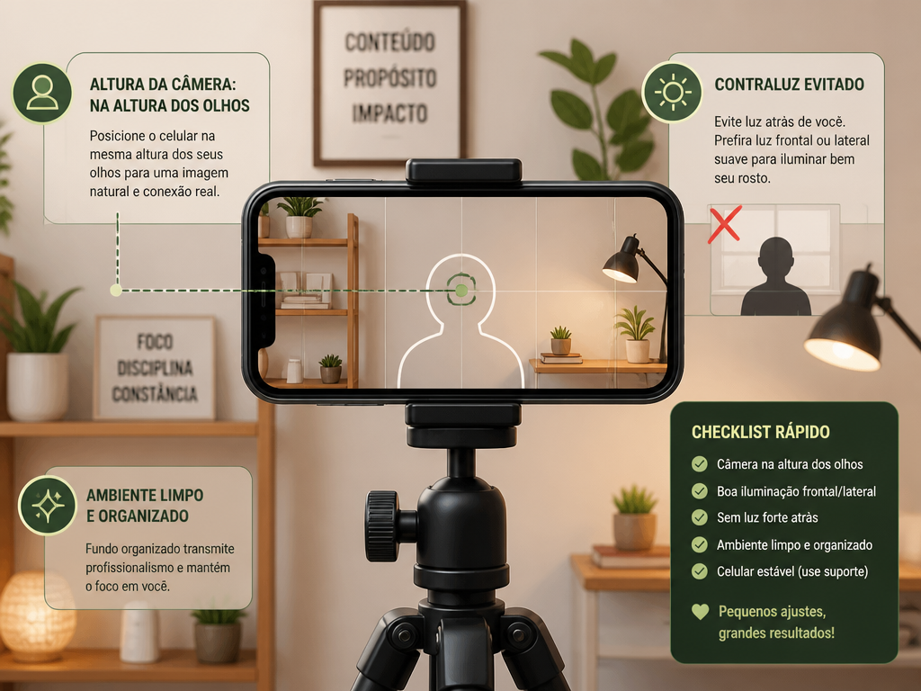 Celular em tripé com checklist de gravação: câmera na altura dos olhos, boa iluminação frontal, sem contraluz e ambiente organizado