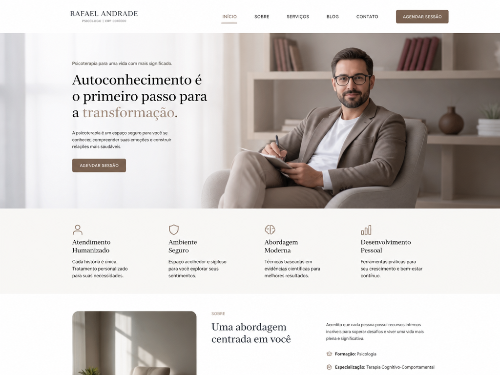 Layout de um site institucional moderno exibido em tela, com menu, destaque e artigos organizados