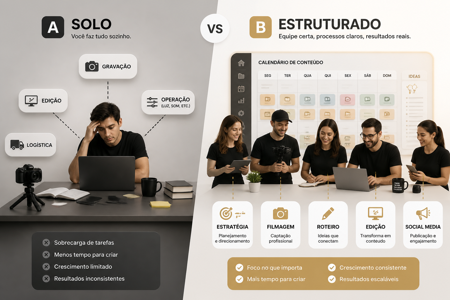 Comparação entre produção solo, com uma pessoa acumulando todas as funções, e produção estruturada, com time, calendário e processos definidos