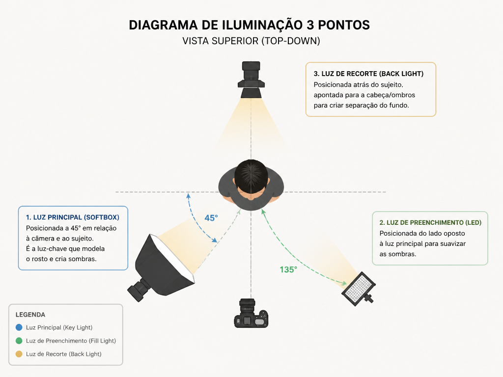 Diagrama em vista superior da iluminação de 3 pontos: luz principal a 45°, luz de preenchimento no lado oposto e luz de recorte atrás do sujeito
