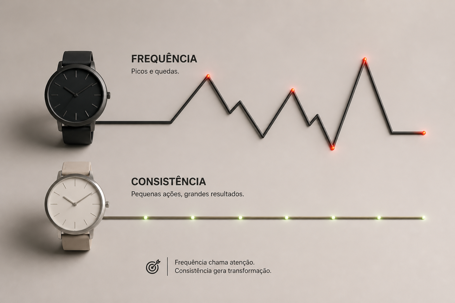Gráfico comparando frequência irregular, com picos e quedas, e consistência constante ao longo do tempo