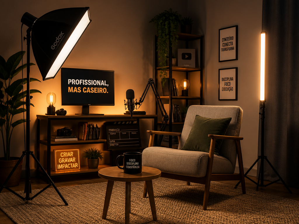 Cantinho de gravação em casa com softbox, microfone, luz ambiente e poltrona, iluminado em tons quentes