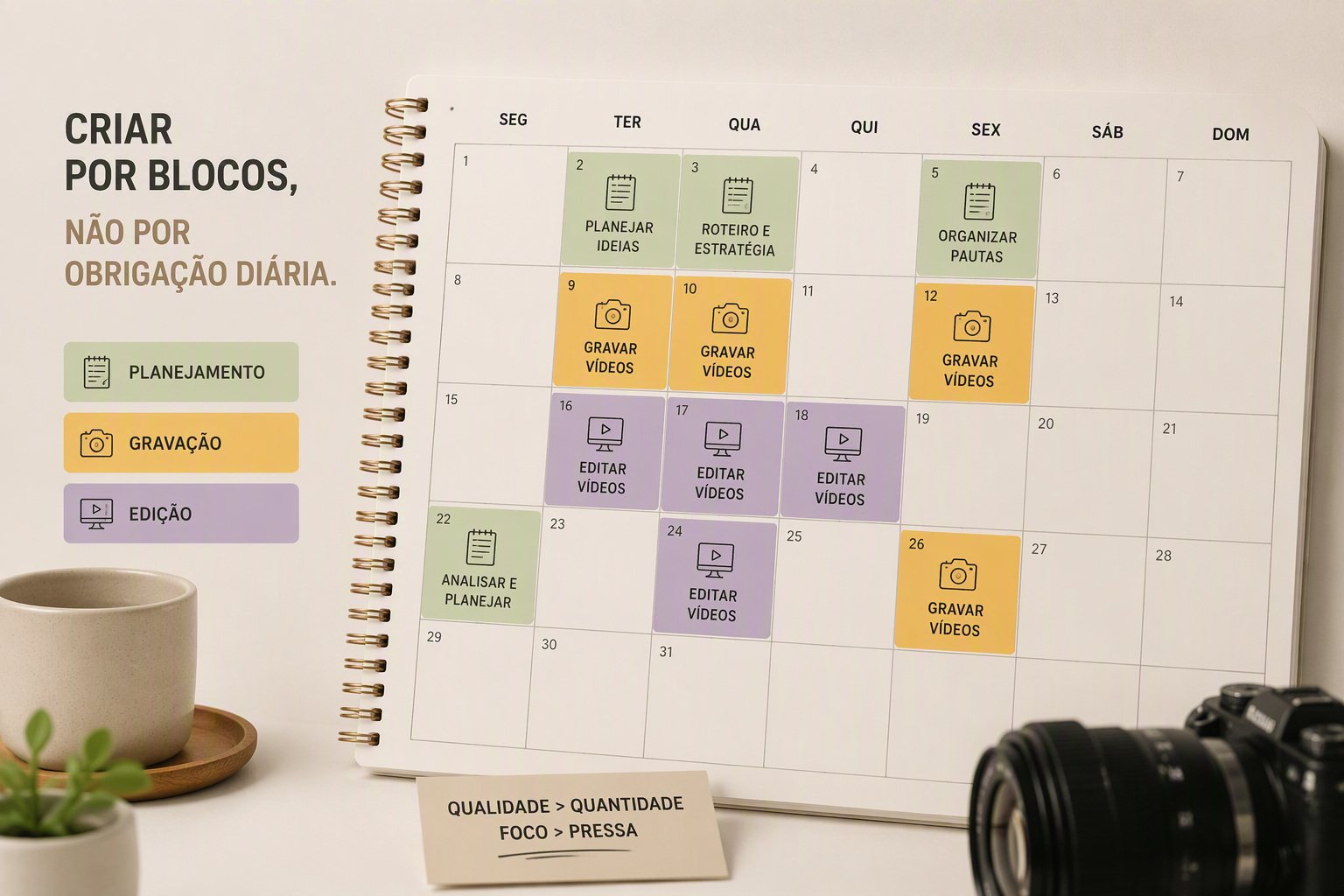 Calendário mensal com blocos separados de planejamento, gravação e edição de conteúdo