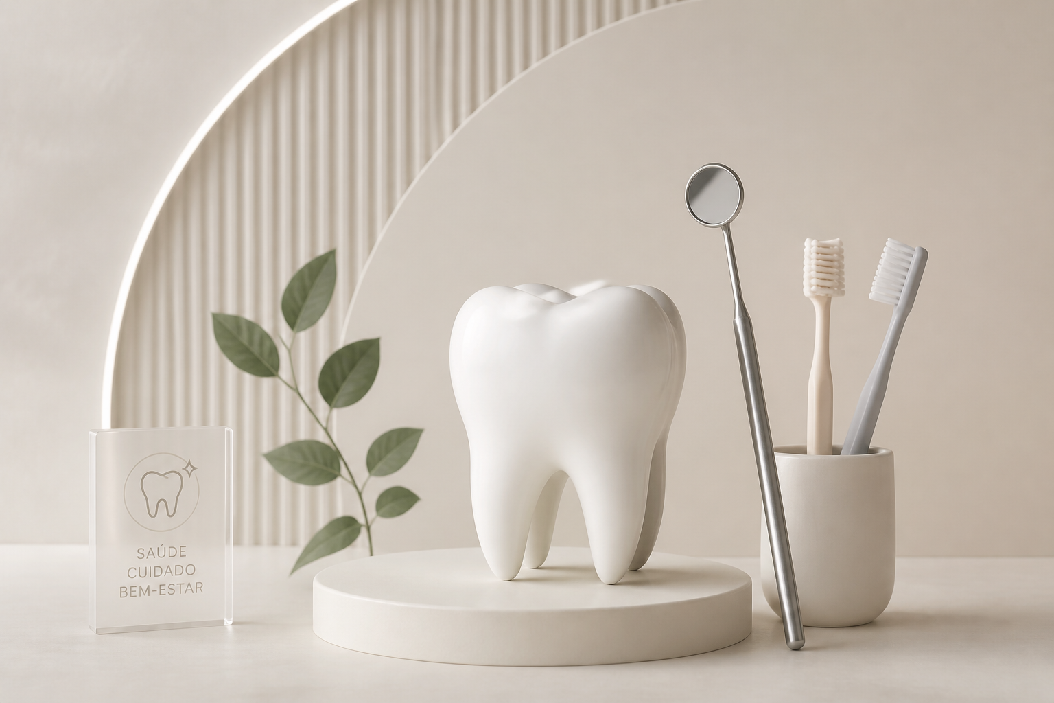 Composição clean com dente de porcelana, instrumentos odontológicos e ícones de cuidados dentais