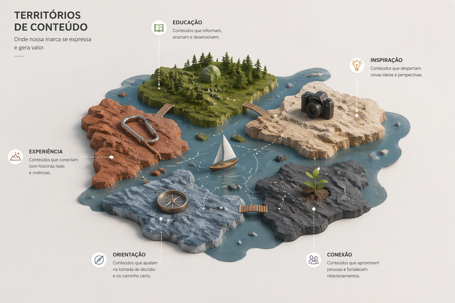Mapa ilustrado de territórios de conteúdo conectados ao propósito da marca: natureza, conhecimento, comunidade, produtos e inspiração
