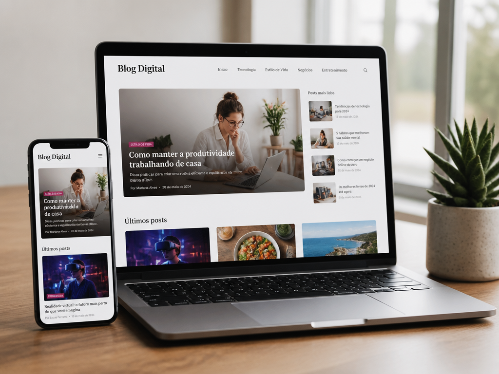 Notebook e celular exibindo o mesmo site, mostrando a versão responsiva do layout